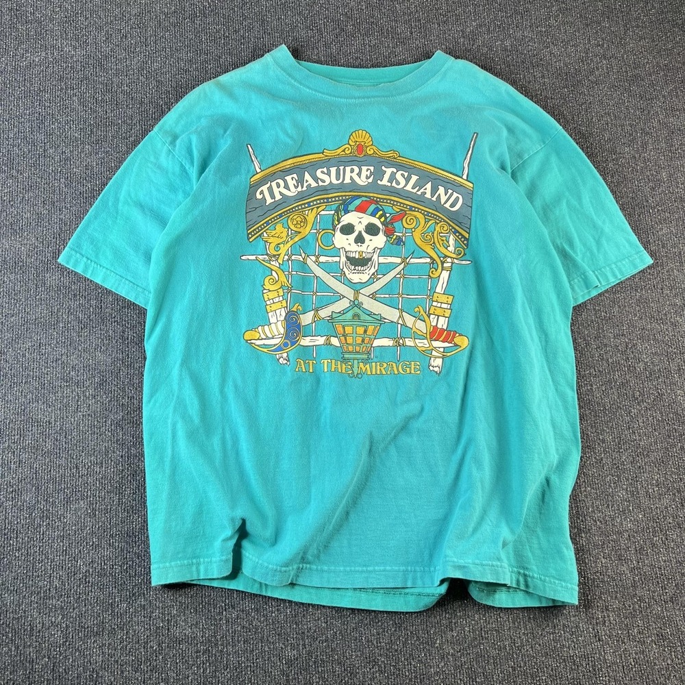 Vintage Treasure Island Shirt Mens XL Teal Pirate Skull Graphic Las Vegas‎ 90s